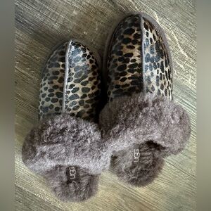 UGG Brown Leopard Print Slippers with Plush Trim